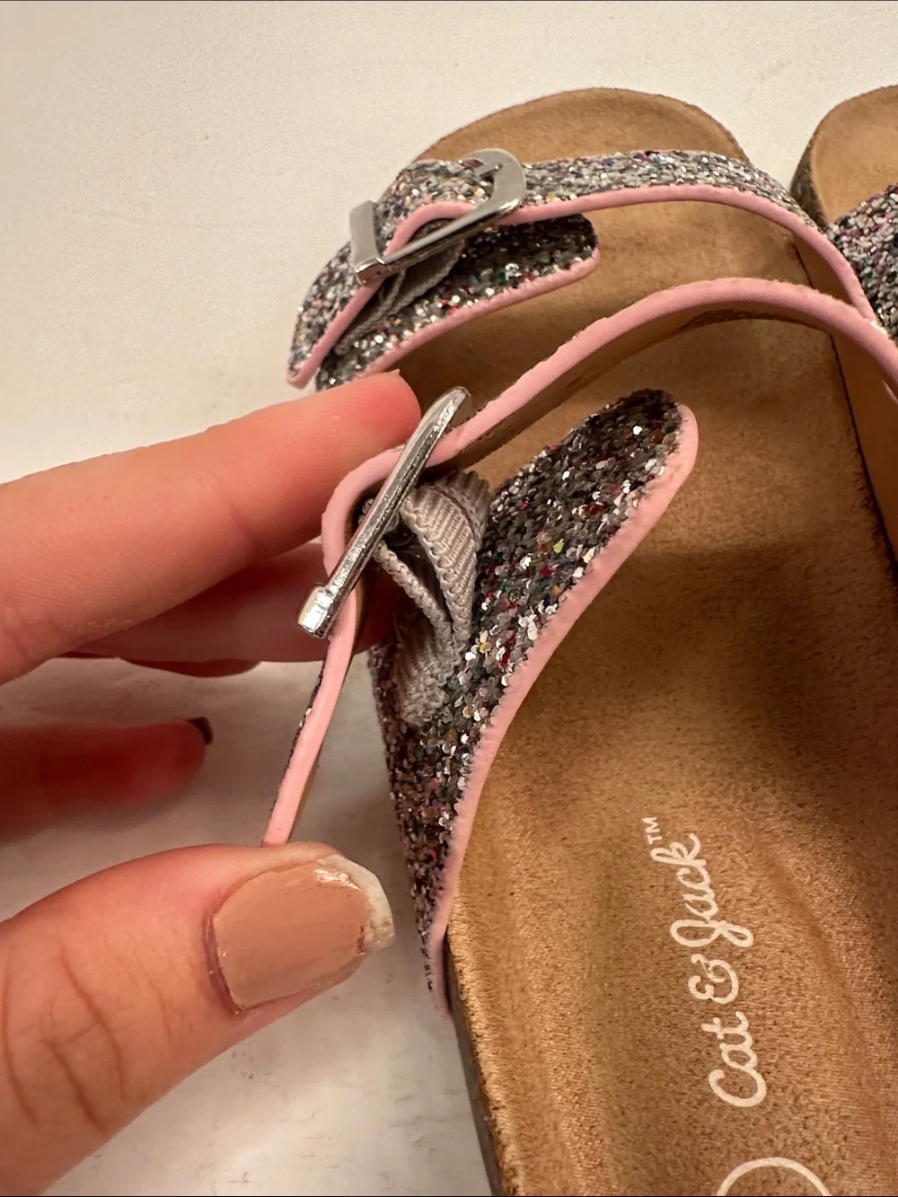 Cat & Jack Girls Glitter Double Buckle Sandals Pink Trim Size 13